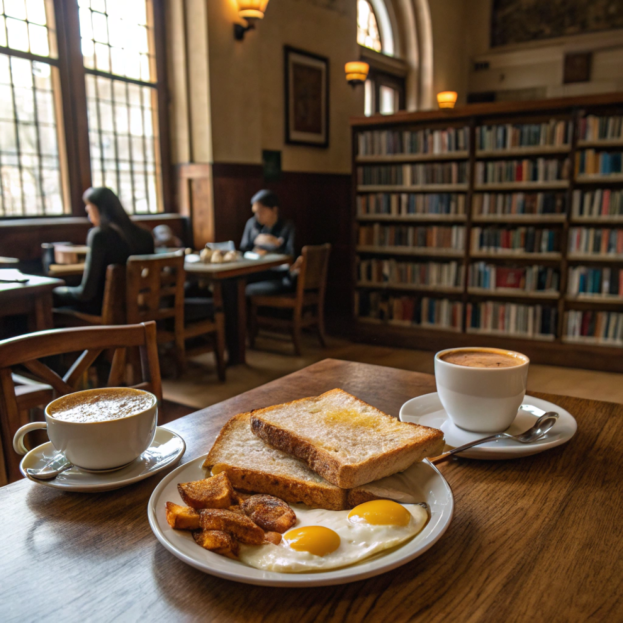 Frühstückstisch mit Kaffe und Spiegeleiern im Hintergrund Regale und Büchereinutzer